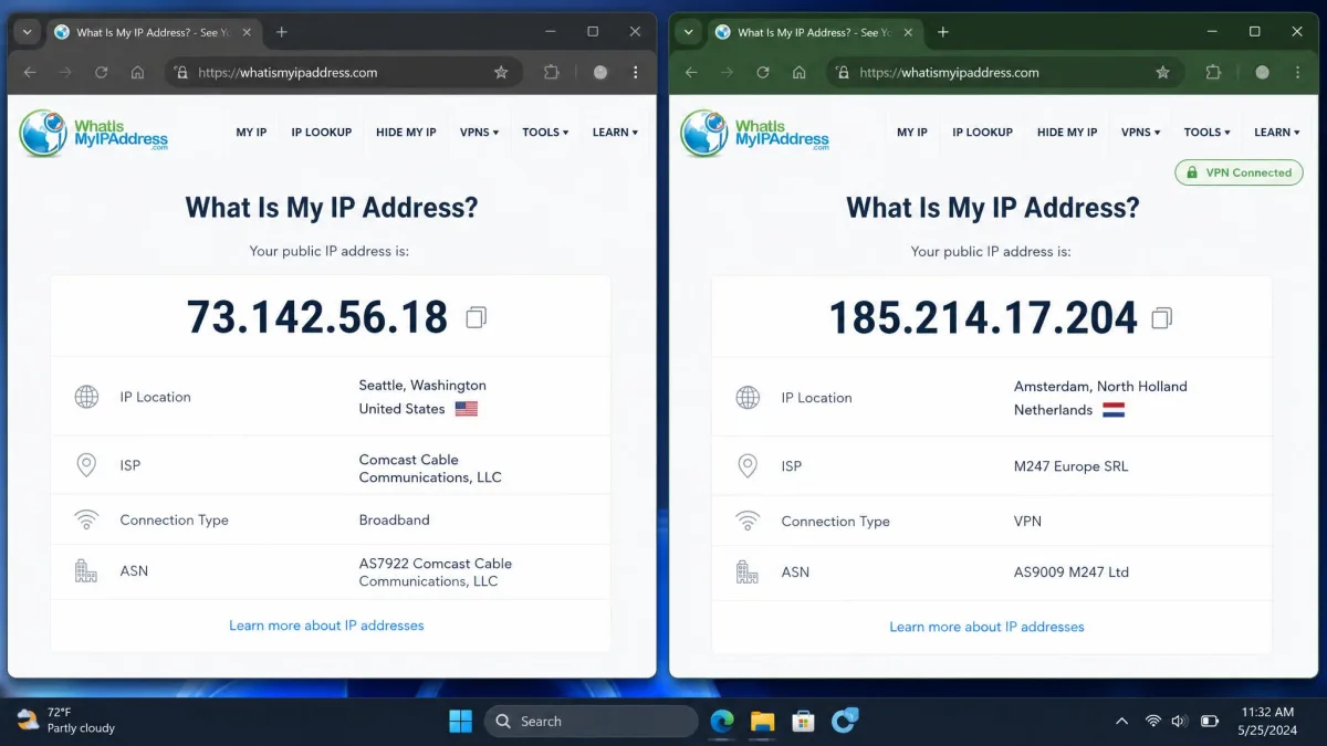 Side-by-side browser windows showing a public IP address lookup, the left panel with the real ISP address and city, the right panel with a different VPN server IP and country after connecting.