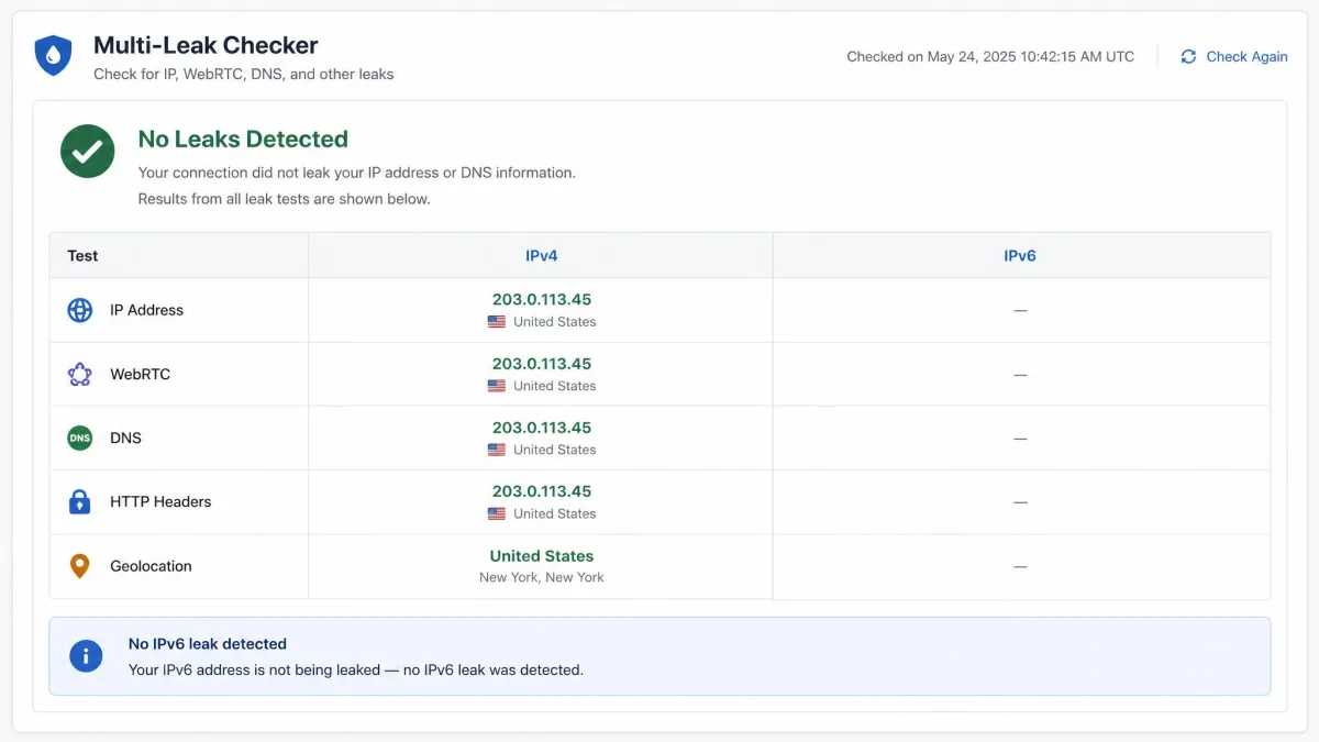 A multi-leak checker results page listing IPv4 and IPv6 addresses side by side, with the IPv6 row empty and a note that no IPv6 leak was detected.