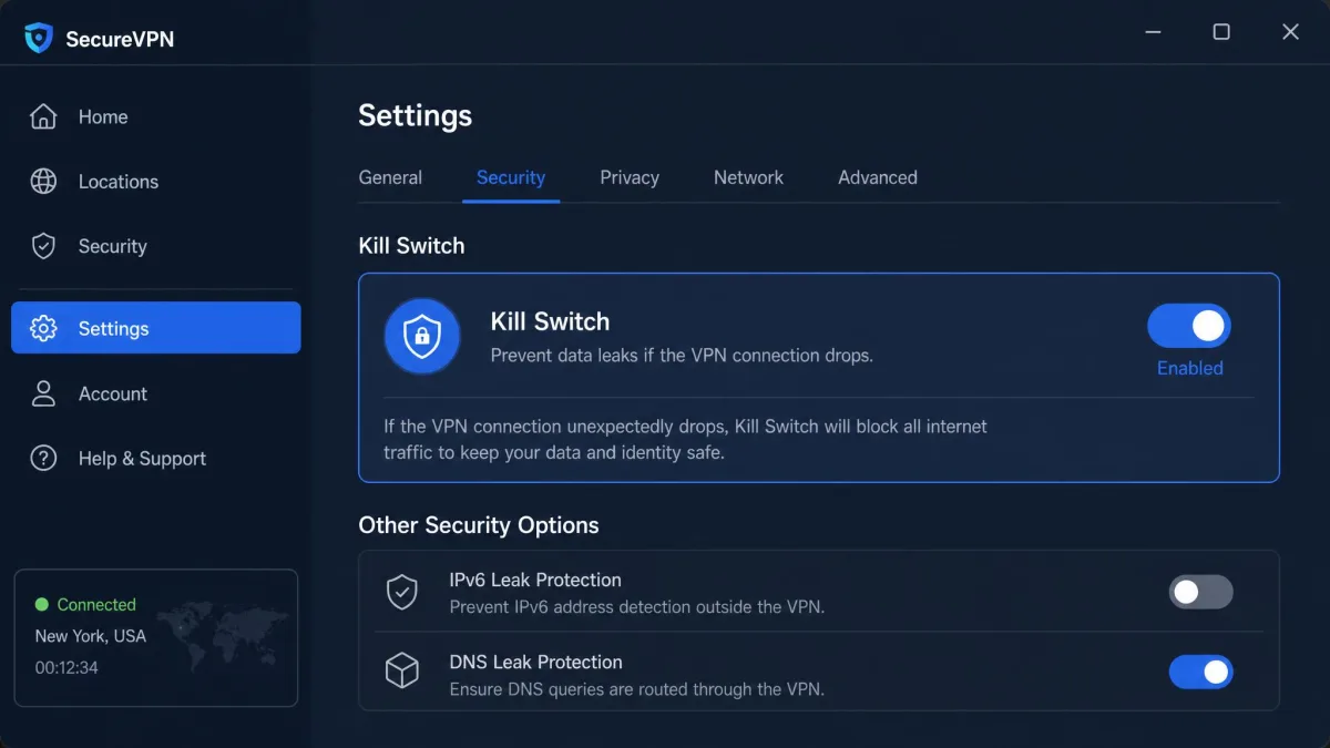 A VPN desktop app settings screen with the kill switch toggle enabled and highlighted, showing a short description of the feature beneath the switch.