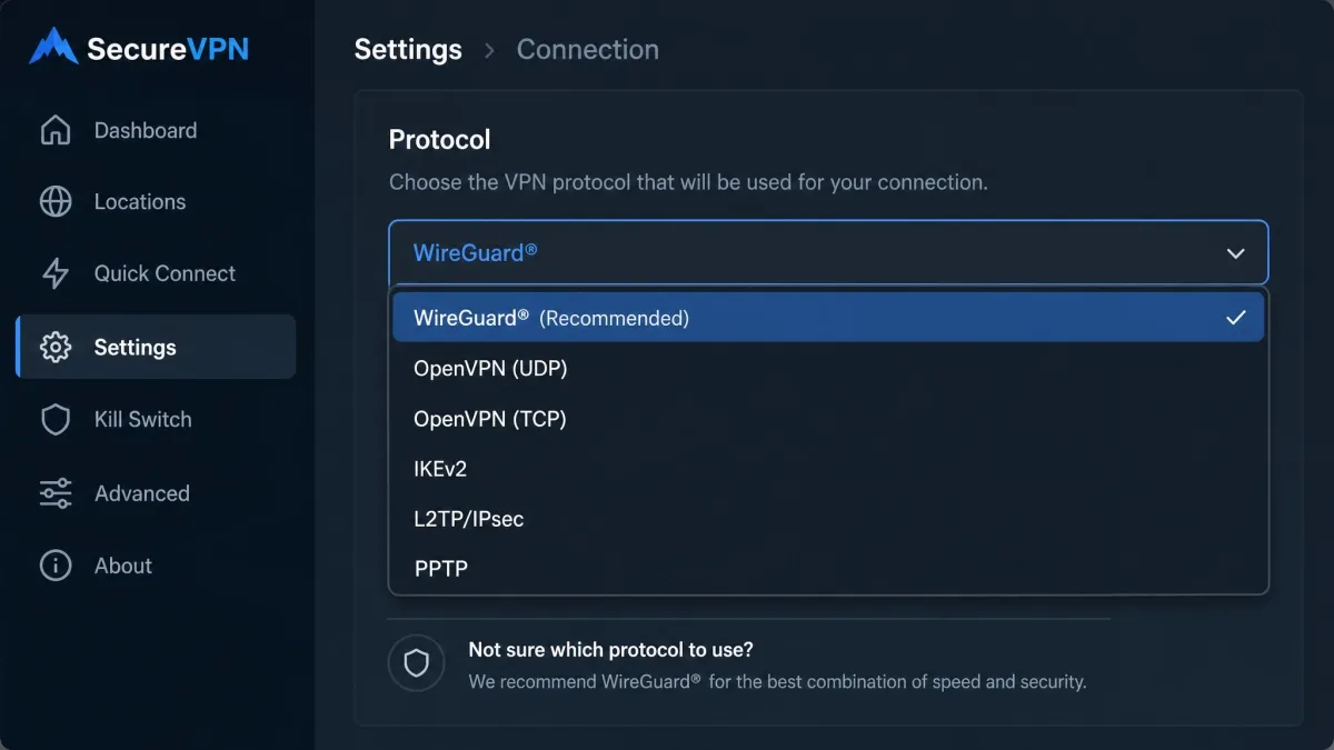 A VPN app protocol selection menu listing several protocol options in a dropdown, with one option highlighted as the current choice.