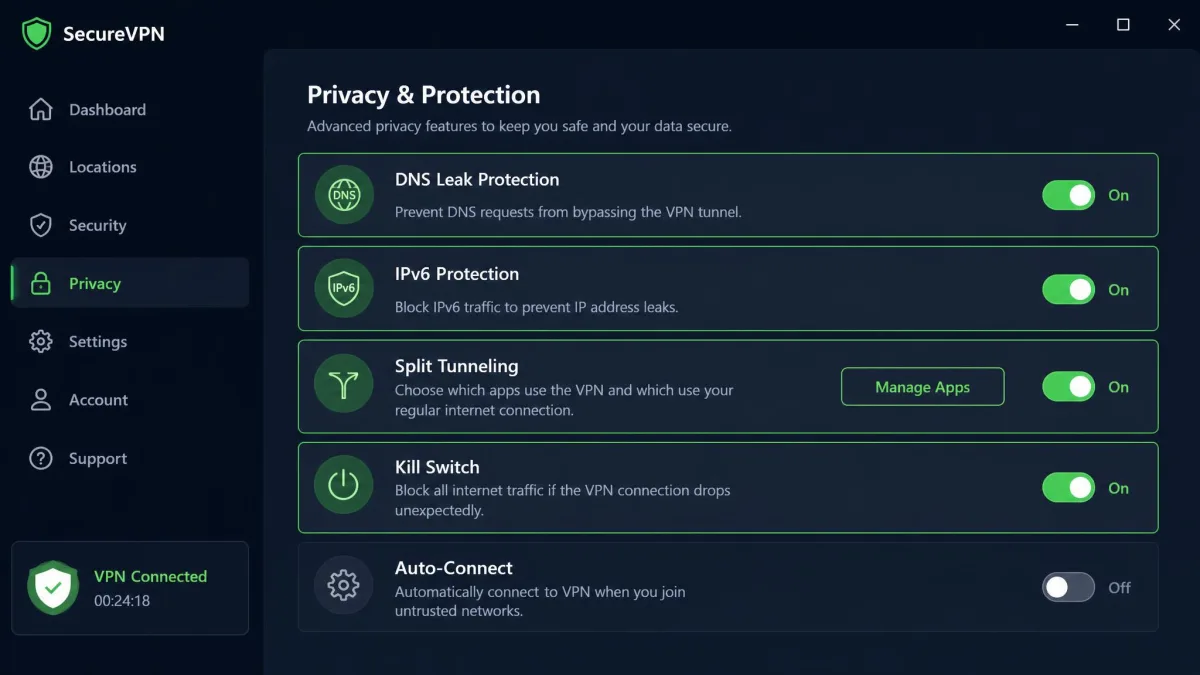 A VPN settings panel showing DNS leak protection, IPv6 protection, split tunneling, and kill switch toggles, with the protection options highlighted.