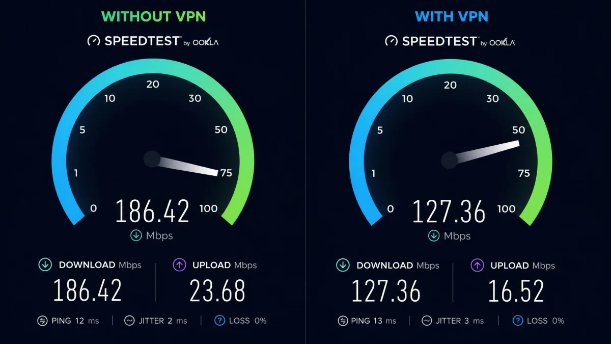 Two speed test result dials shown together, one labelled without VPN with a higher download figure and one labelled with VPN showing a moderately lower download and upload speed.