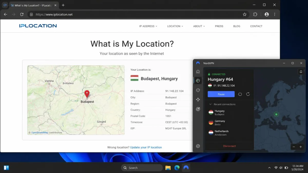 A browser location-check page showing a map pin and city label set to the VPN server country, with the connected VPN app visible in a corner window.