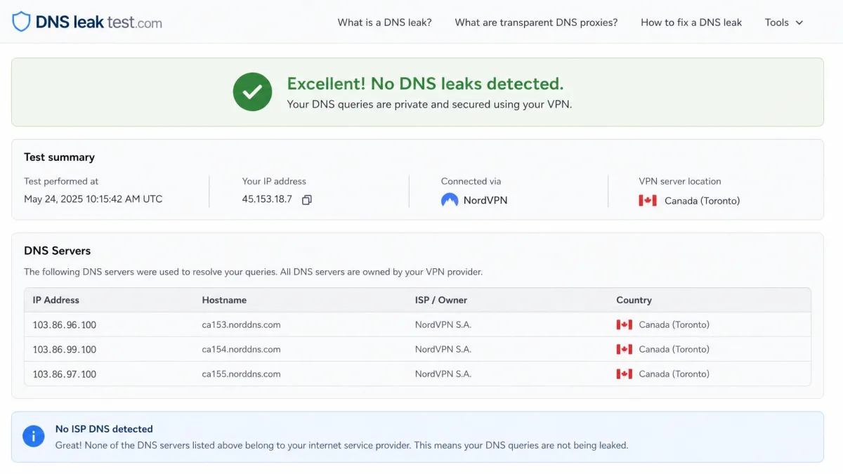 A DNS leak test results page listing DNS servers owned by a VPN provider, all in the connected country, with no entries showing the user's home ISP.