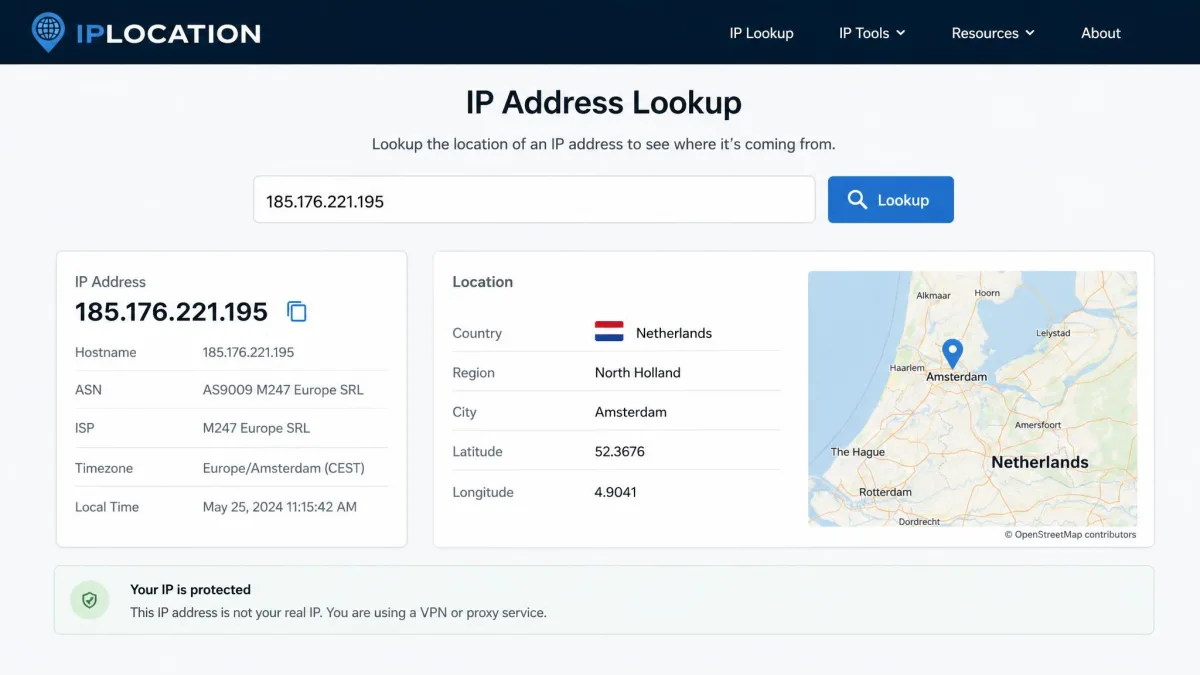 An IP address lookup page showing the country, region, and city fields matching a chosen VPN server location in the Netherlands rather than the user's home country.