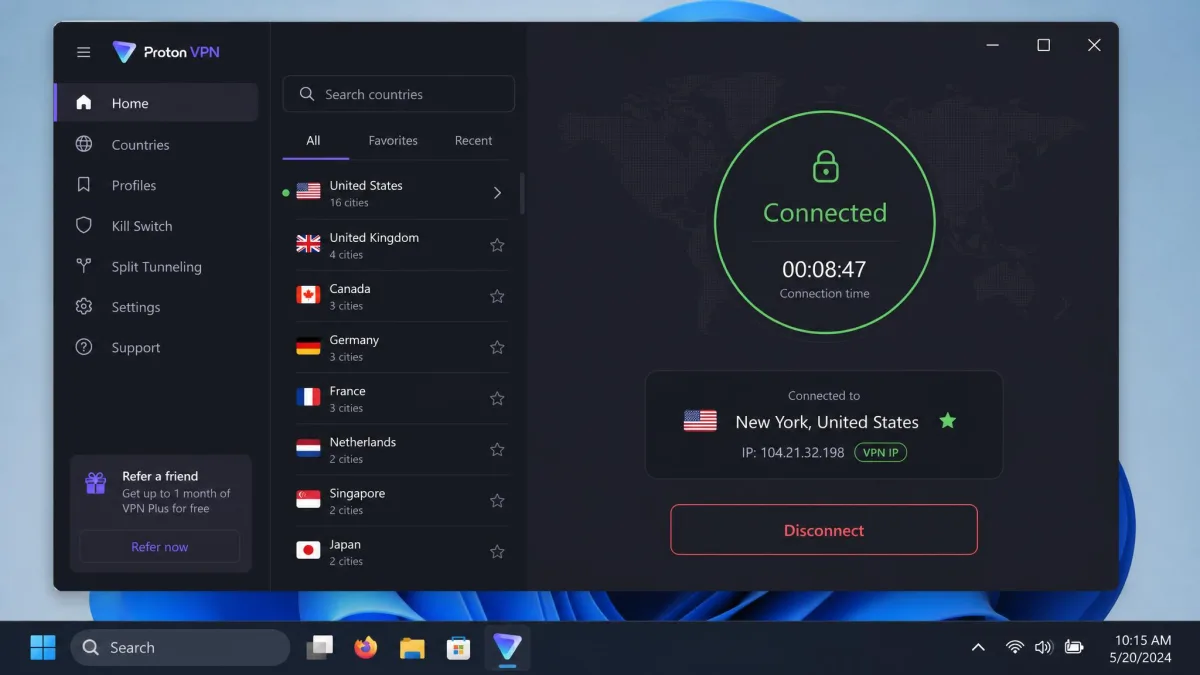 A desktop VPN client showing a green Connected status with a chosen server city and a connection timer running, next to the disconnect button.