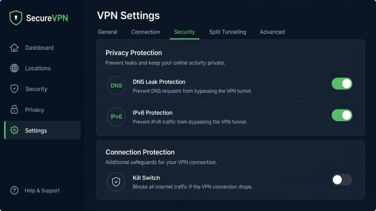 A VPN settings panel highlighting the DNS leak protection and IPv6 protection toggles both switched on, with a kill switch option visible below.