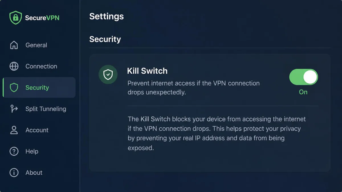 A VPN app settings screen with the kill switch toggle switched on, alongside a short description explaining it blocks internet access if the VPN drops.