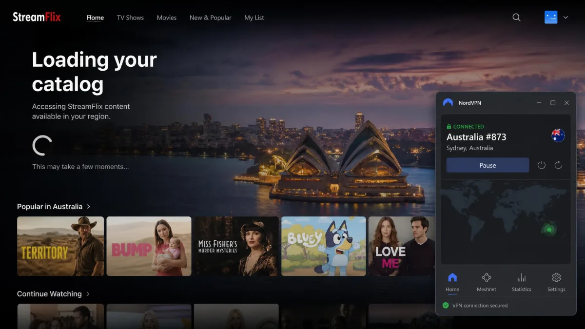 A streaming service home screen loading a region-locked catalog while a VPN client in the corner shows an active connection to a server in that country.