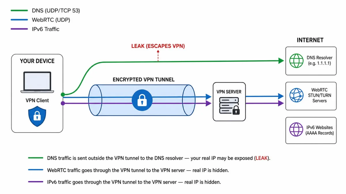 A simple diagram showing DNS, WebRTC, and IPv6 traffic as separate paths, with one path escaping outside the encrypted VPN tunnel to illustrate a leak.
