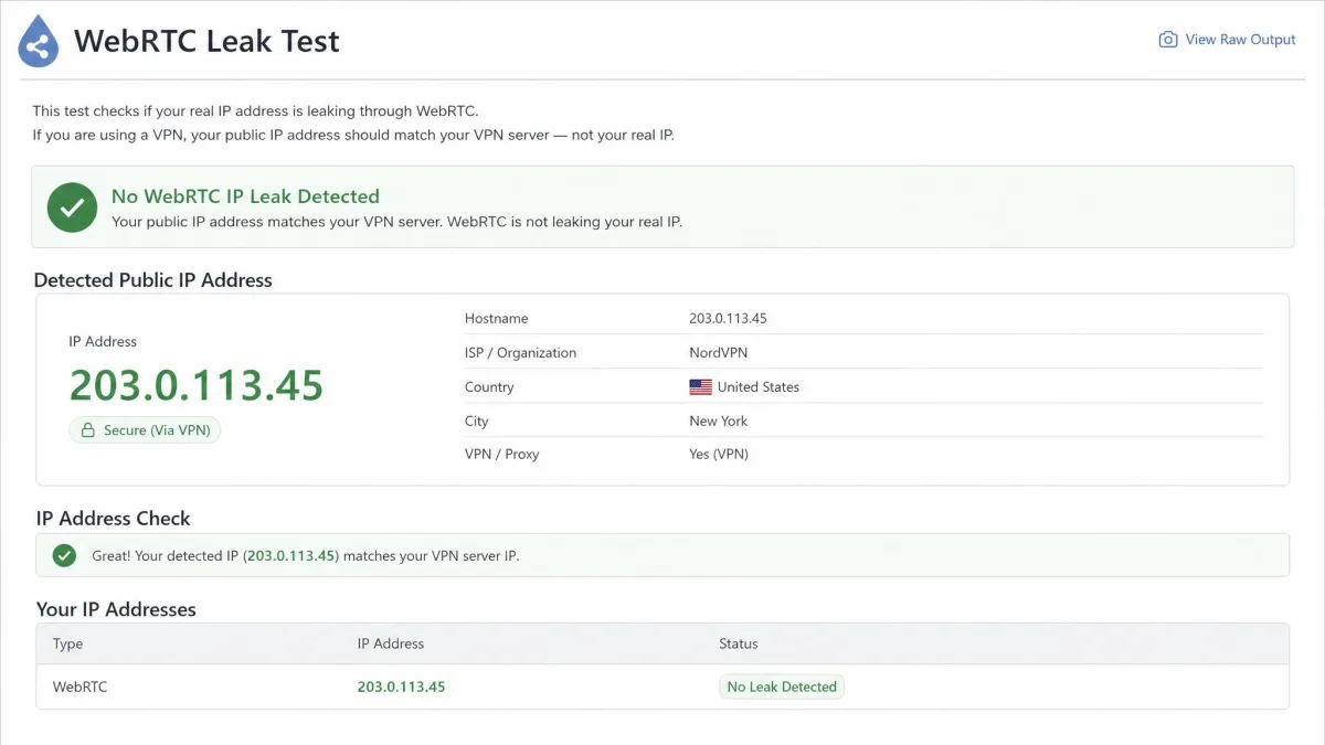 A WebRTC leak test page showing the detected public IP matching a VPN server address rather than the user's real home IP address.
