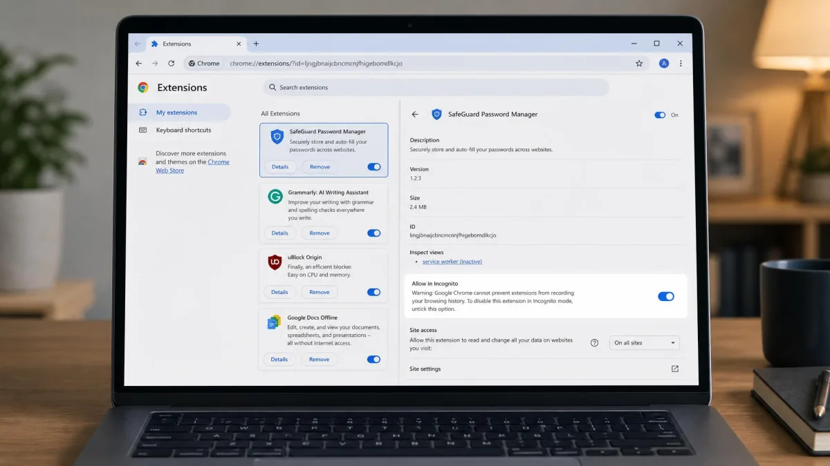 The Chrome extension details page on a laptop with the "Allow in Incognito" toggle switched on, highlighted against the list of installed extensions.