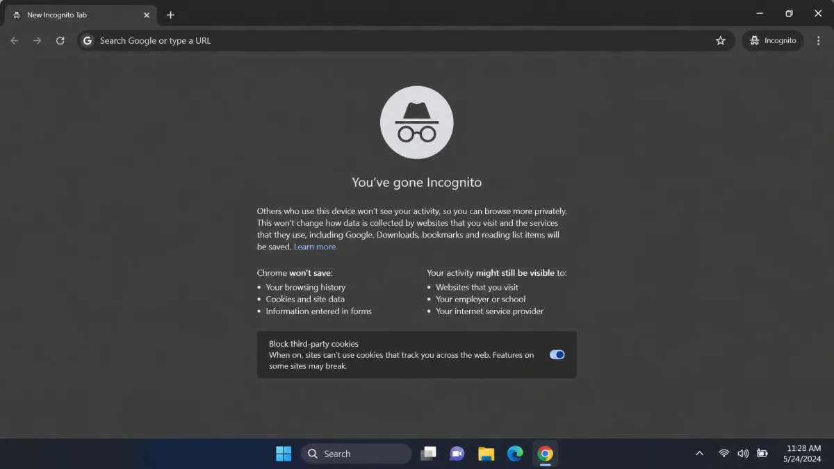 A new Chrome Incognito tab open on Windows 11, showing the dark grey new-tab screen with the spy icon and the "You've gone Incognito" explanation text.