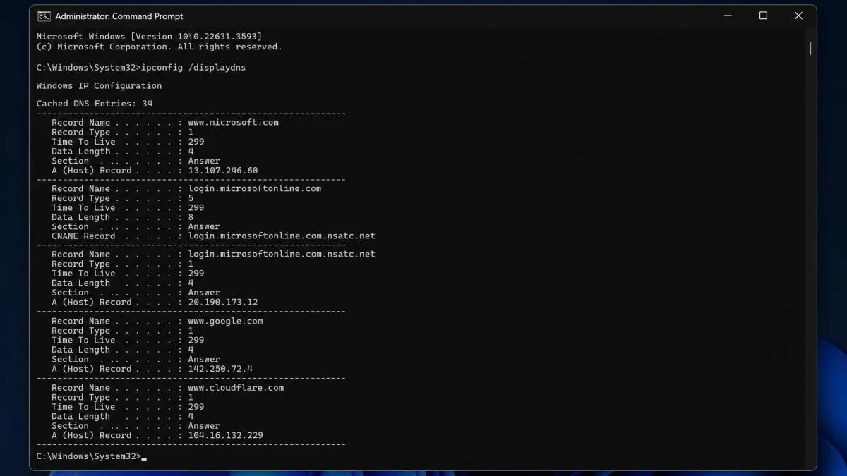 An elevated Windows Command Prompt showing ipconfig /displaydns output, with several record name, record type and time-to-live lines listed for cached domains.