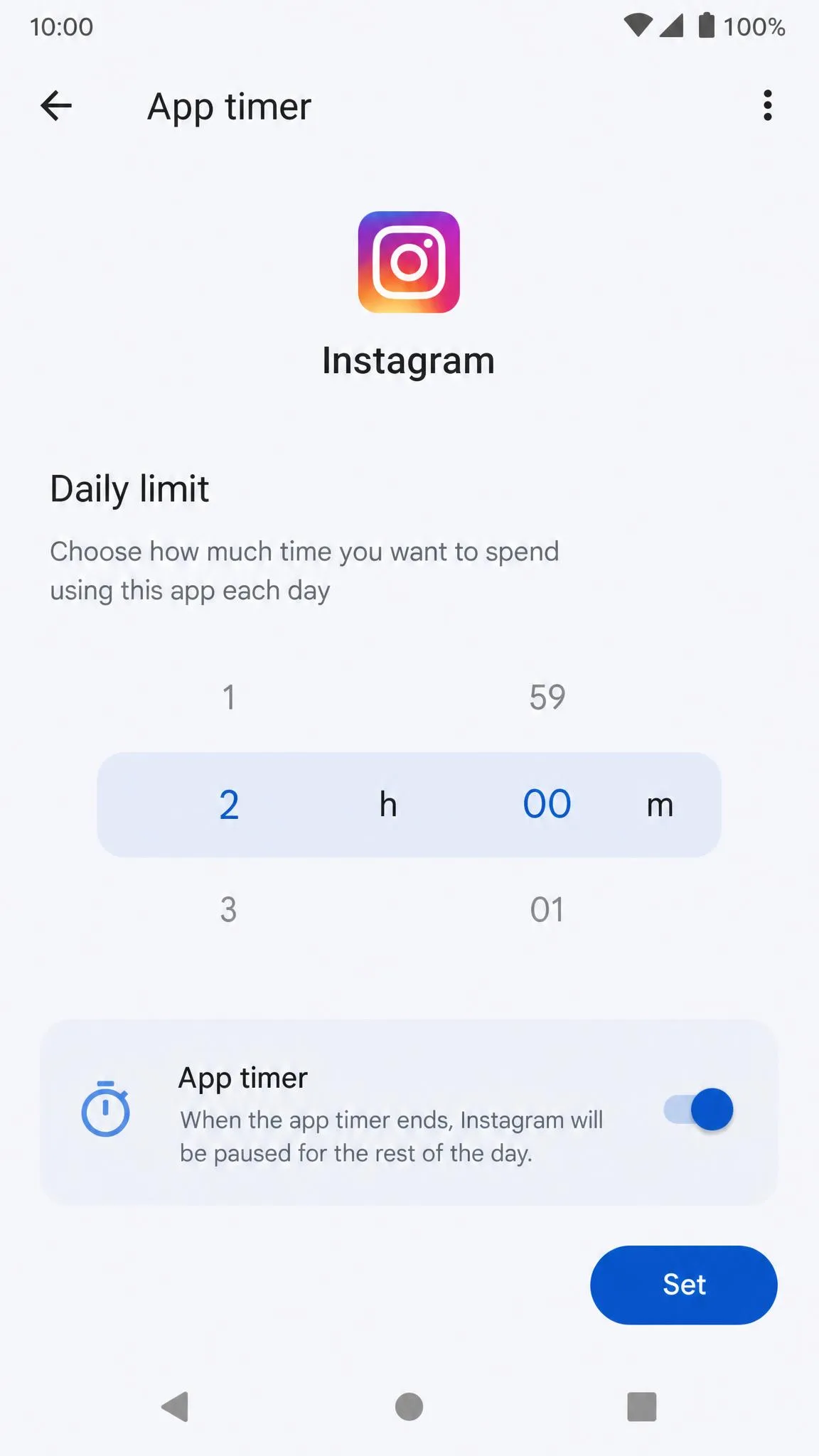 Digital Wellbeing app timer screen on Android with a daily limit picker for an individual app.
