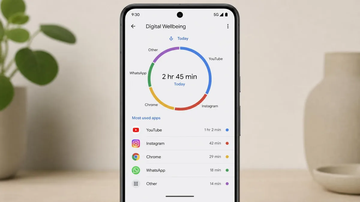 Digital Wellbeing dashboard on a Google Pixel showing a color-coded ring with today's screen time in the center and the most-used apps listed below.