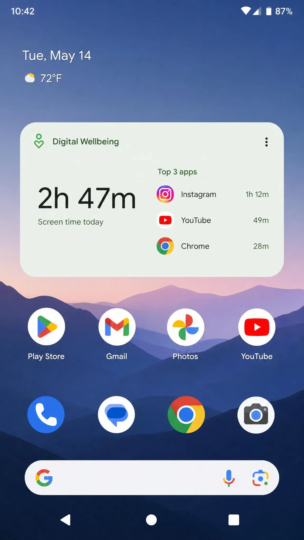 Android home screen with the Digital Wellbeing screen time widget showing the top three apps used that day.