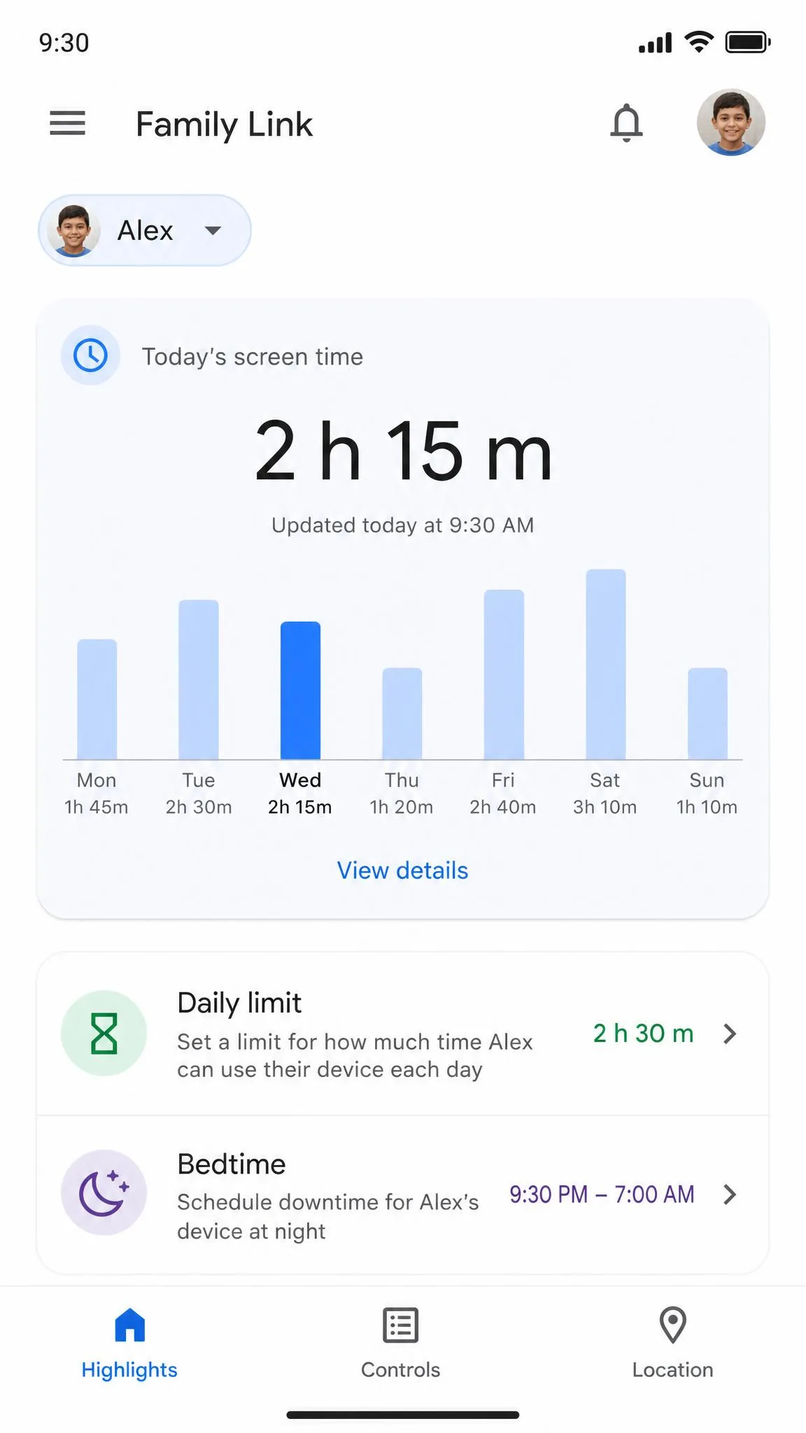 Family Link app showing a child's daily screen time total with options to set a daily limit and bedtime schedule.