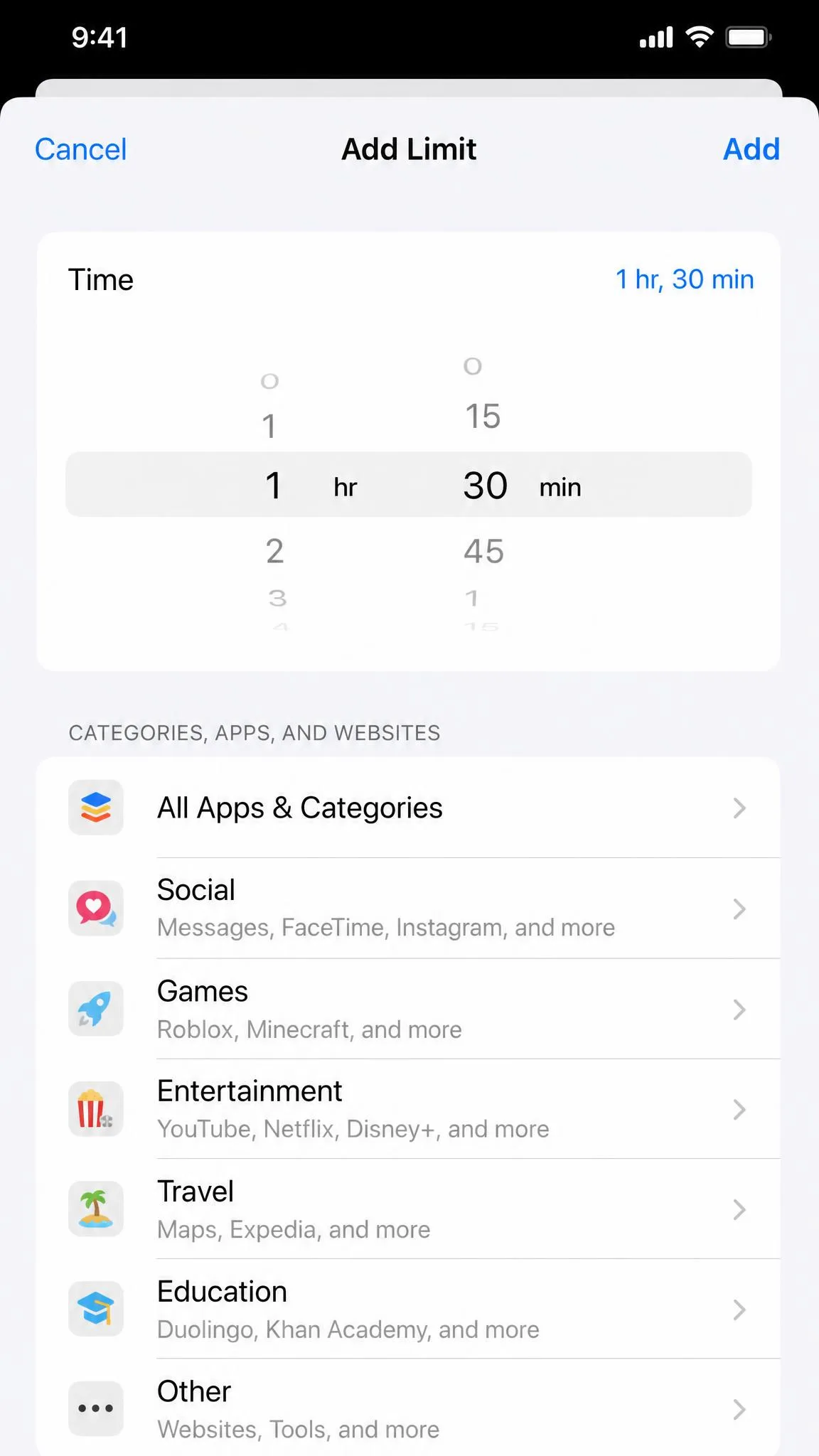 iPhone App Limits Add Limit screen with a time picker and a list of app categories.