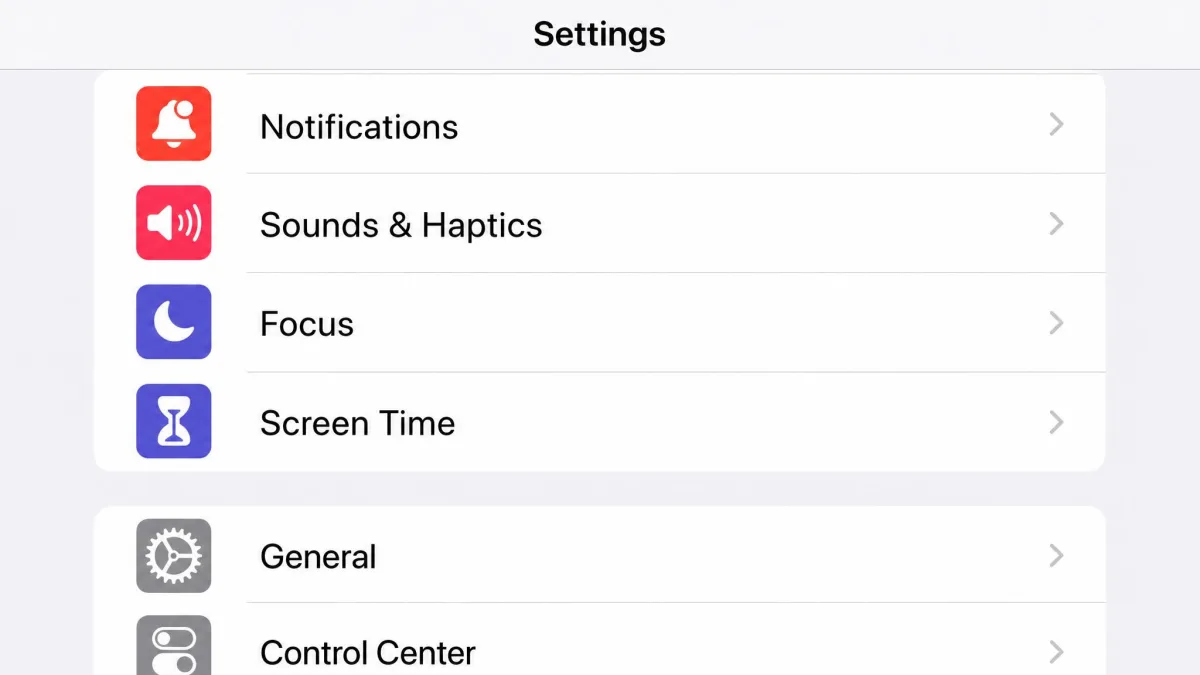 iPhone Settings list showing the Screen Time option with its hourglass icon, ready to tap.