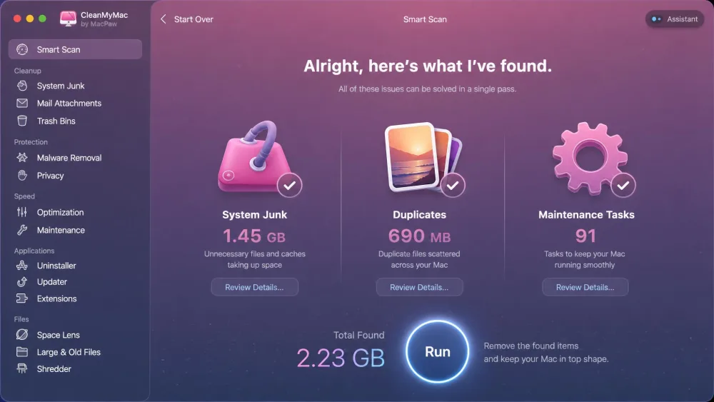 The CleanMyMac Smart Scan results screen showing about 2.2 GB of system junk, duplicates, and maintenance tasks found in a single pass, with the Run button highlighted.