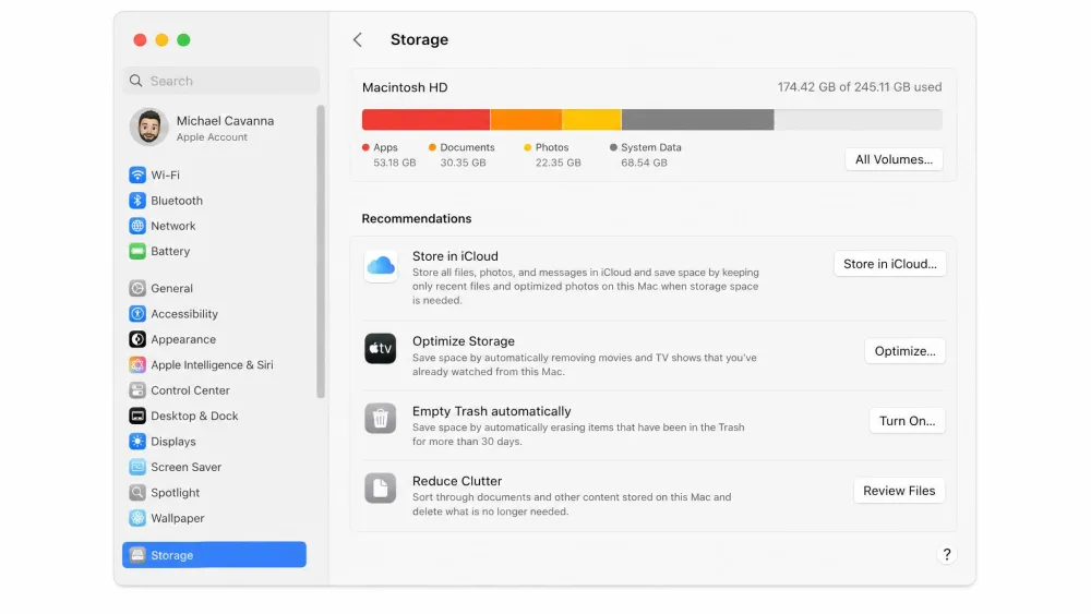 The macOS Storage pane in System Settings showing the colored capacity bar broken down into Apps, Documents, Photos, and System Data, with Apple's storage recommendations listed underneath.