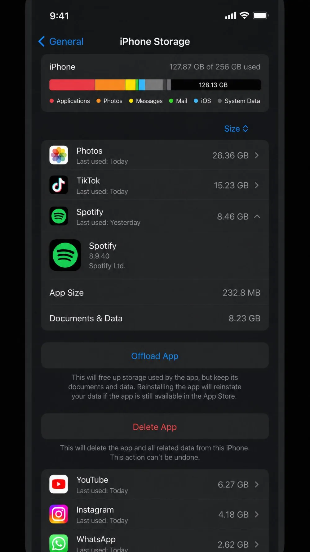 The iPhone Storage screen in Settings on iOS, showing a list of apps sorted by size with a bar chart of used storage at the top and Offload App and Delete App options for a selected app.