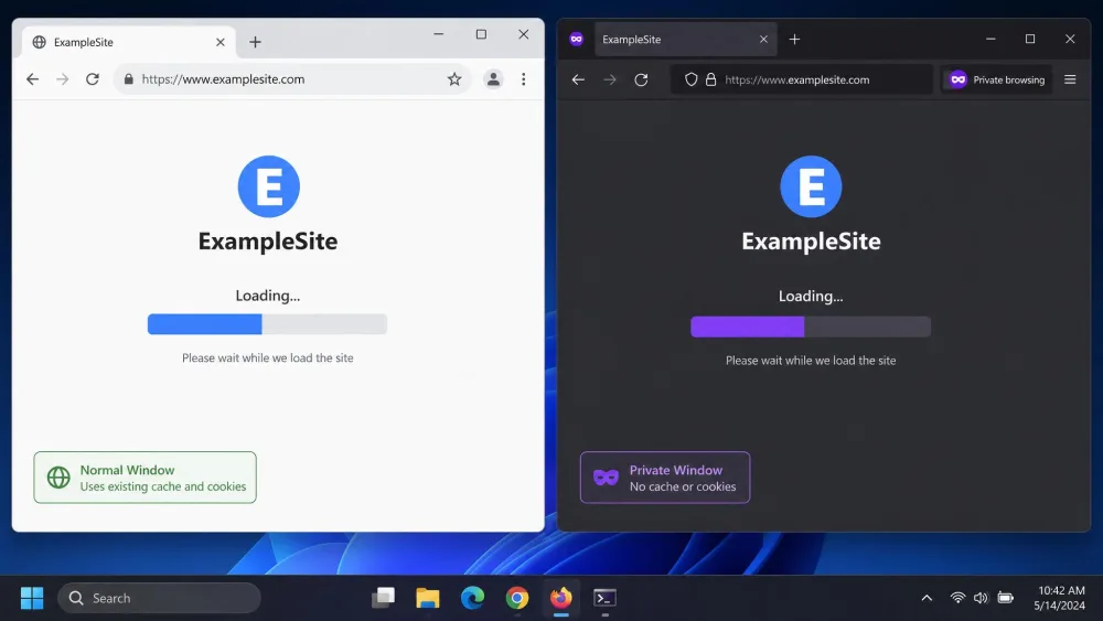 A private browsing window open next to a normal window, both loading the same site, illustrating the incognito test used when a cache will not clear.