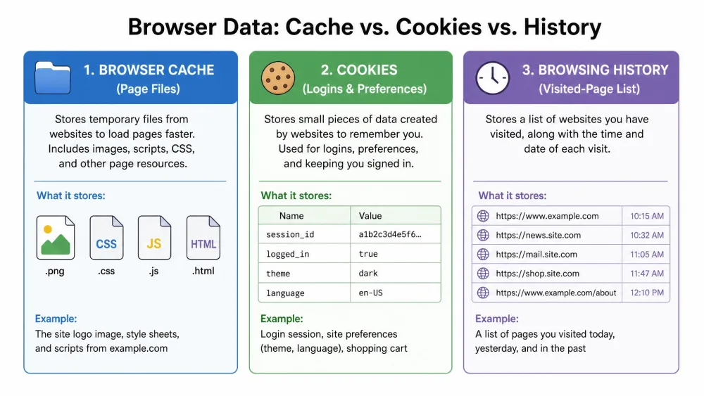A simple labeled diagram contrasting browser cache (page files), cookies (logins and preferences), and browsing history (visited-page list) in three side-by-side columns.