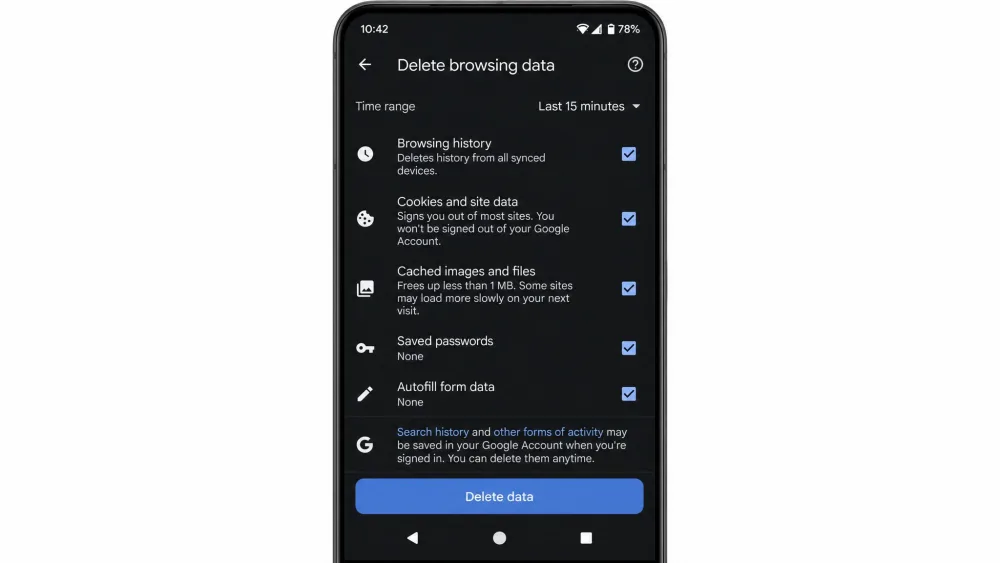Chrome on an Android phone showing the Delete browsing data screen with the time range set to 15 minutes and the Delete data button at the bottom.