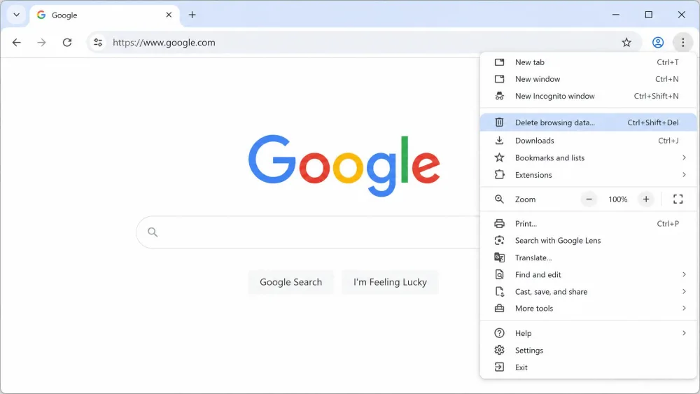 Google Chrome's three-dot More menu open on Windows with the Delete browsing data option highlighted near the top of the list.