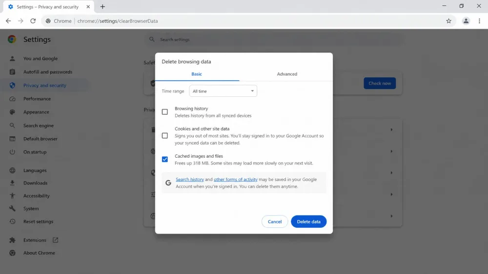 The Chrome clear-browsing-data dialog open on Windows after pressing Ctrl+Shift+Delete, with the "Cached images and files" checkbox ticked and the time-range dropdown set to All time.