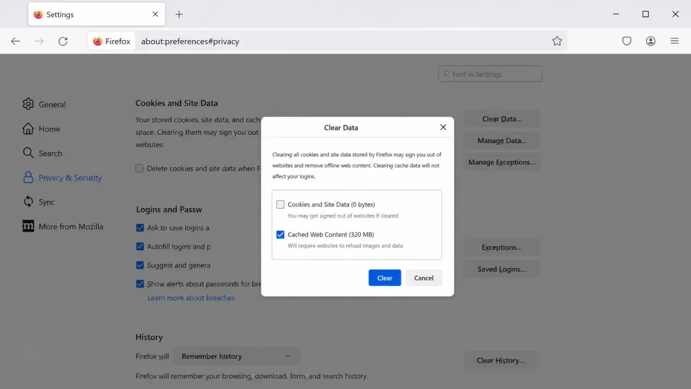 The Firefox Clear Data dialog open with the Cached Web Content checkbox ticked and the Cookies and Site Data checkbox left unchecked.