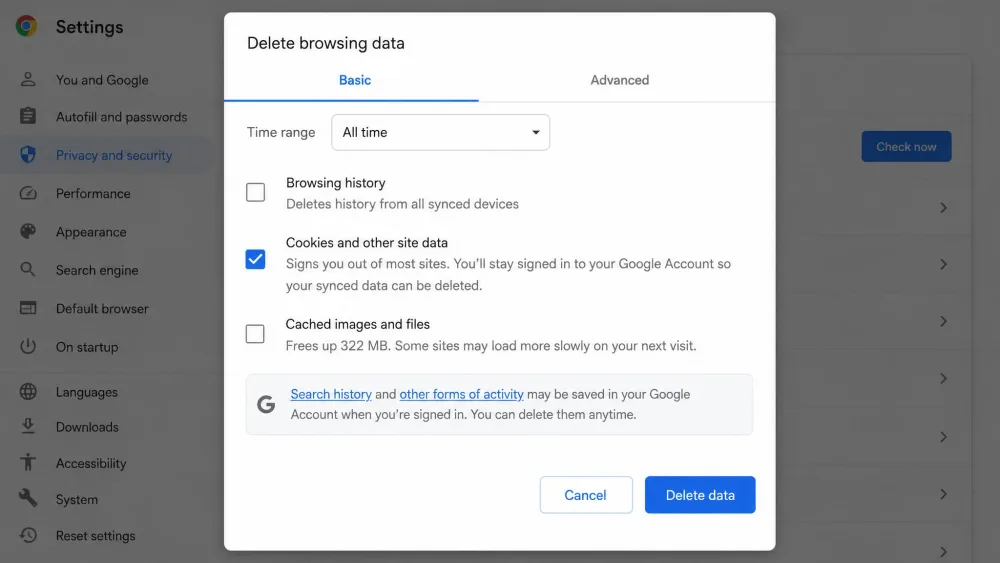 Chrome's Delete browsing data dialog on Windows with the "Cookies and other site data" checkbox ticked and the Time range set to All time, next to the blue Delete data button.