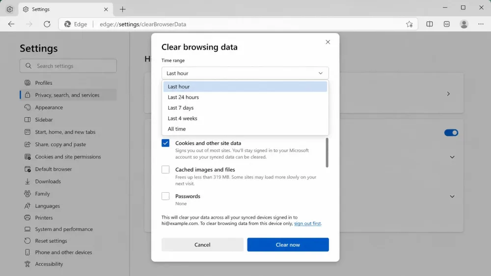 Microsoft Edge's Clear browsing data panel with "Cookies and other site data" checked, a Time range dropdown open, and the blue Clear now button ready to press.