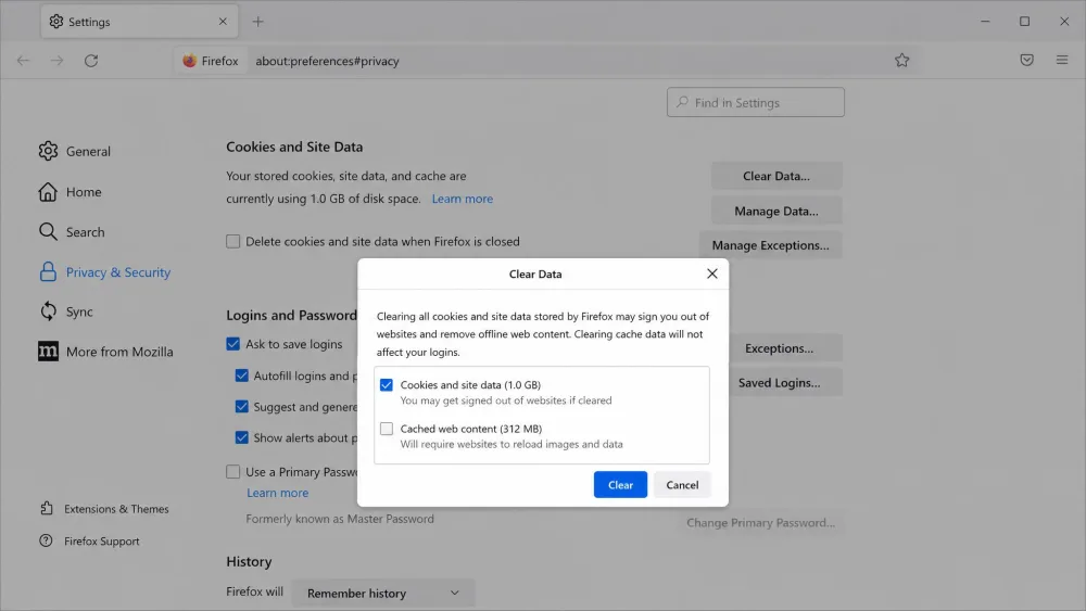 Firefox's Privacy and Security settings open to the Cookies and Site Data section, with the Clear Data dialog showing the "Cookies and site data" checkbox ticked.