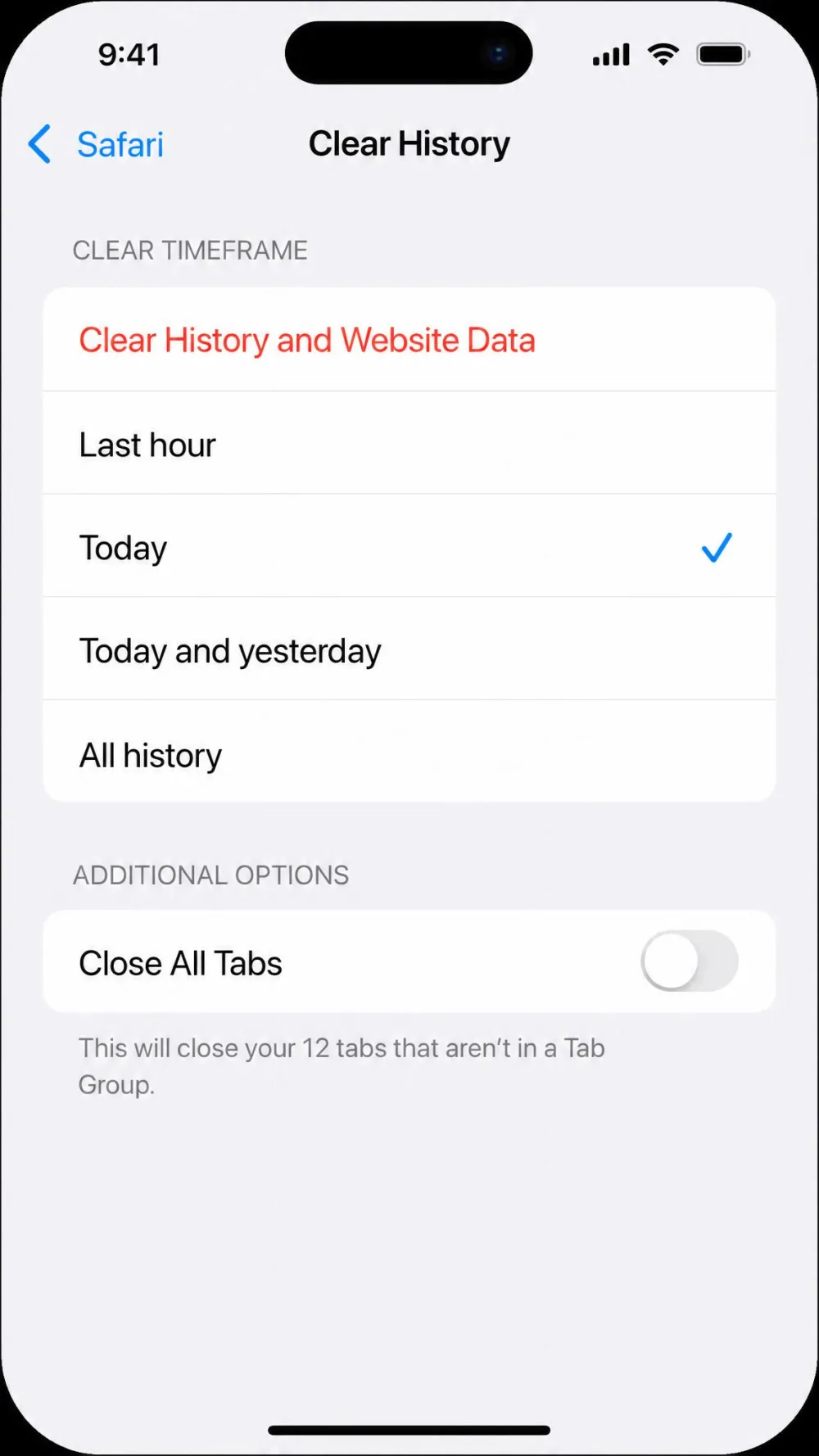 The iPhone Settings screen for Safari showing the red "Clear History and Website Data" button above the timeframe options.