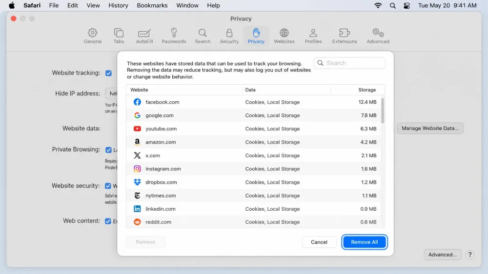 Safari for Mac showing the Privacy tab with the Manage Website Data panel open, a list of stored sites, and the Remove All button highlighted.