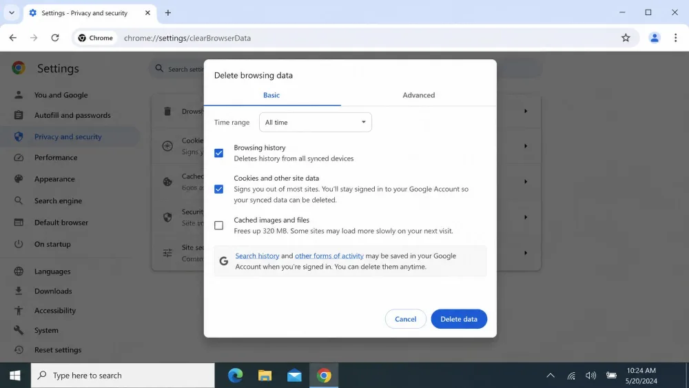 The Chrome desktop Delete browsing data dialog on Windows, showing the time-range dropdown set to All time with Cached images and files and Cookies and other site data checked and the blue Delete data button.