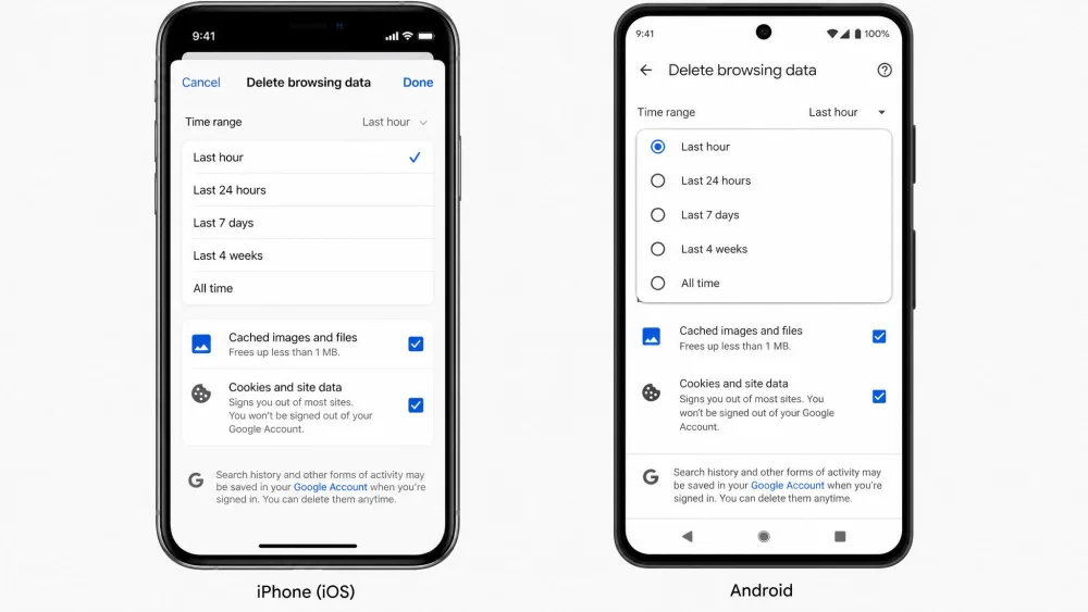 Side-by-side Chrome mobile screens on iPhone and Android showing the Delete browsing data panel with time-range options and checkboxes for Cached images and files and Cookies.