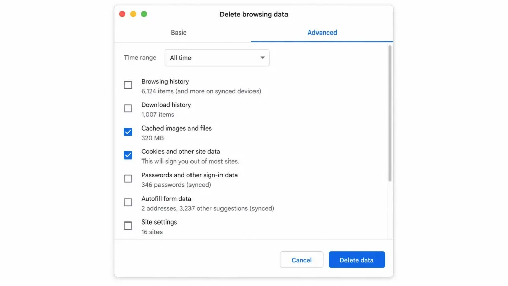 Chrome's Delete browsing data dialog on a Mac showing the Advanced tab with Cached images and files and Cookies and other site data checkboxes ticked and the time range set to All time.