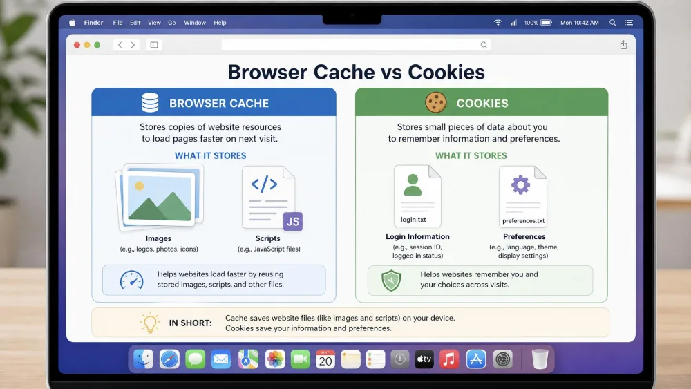 A labeled side-by-side diagram on a Mac screen showing browser cache as stored website images and scripts on the left, and cookies as small login and preference files on the right.