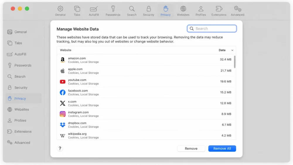 The Safari Manage Website Data panel open on a Mac, listing stored websites with a search field at the top and the Remove and Remove All buttons at the bottom right.