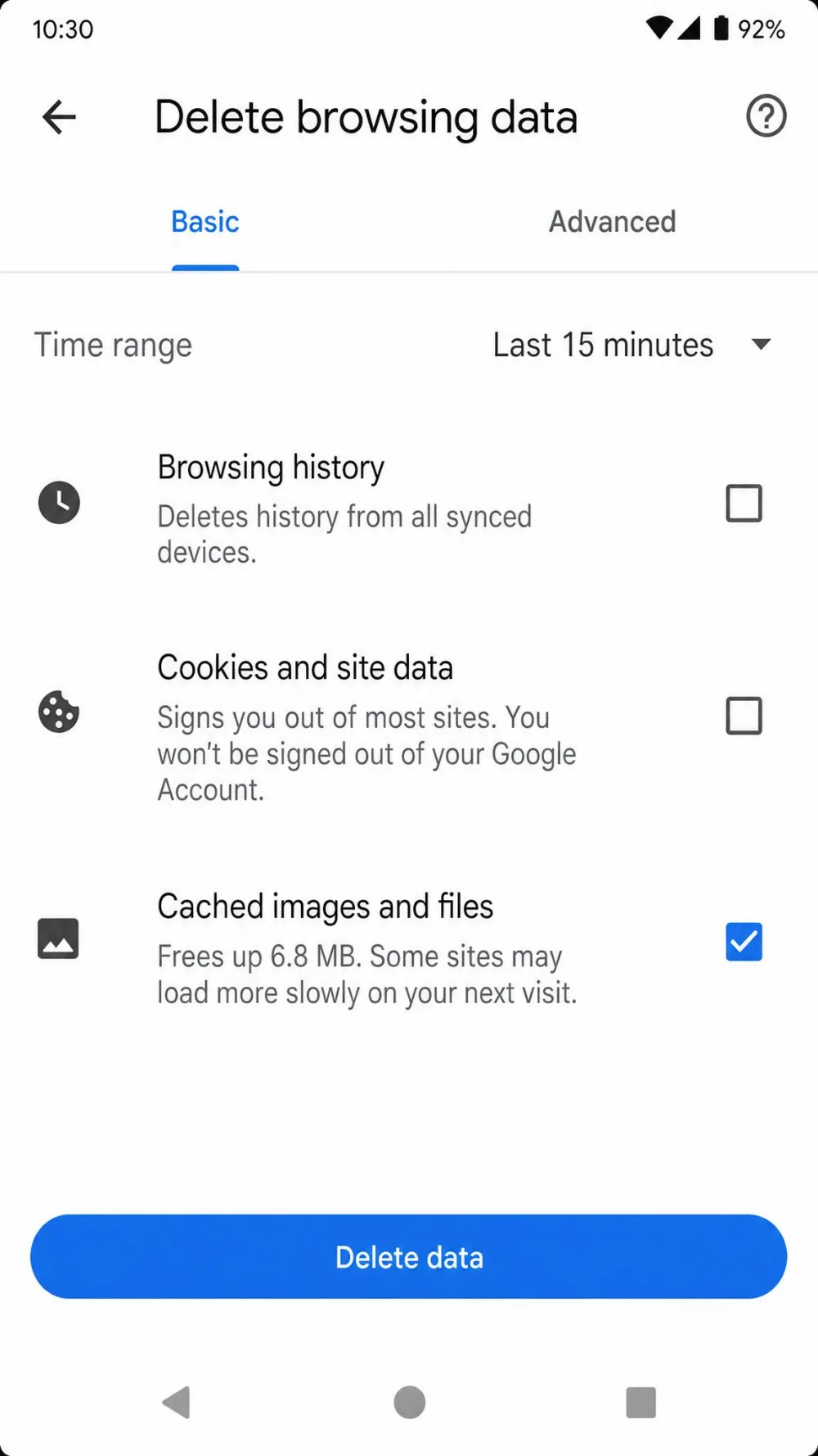 The Chrome for Android Delete browsing data screen showing the 15 minutes default time range and the Cached images and files option selected, with the Delete data button at the bottom.