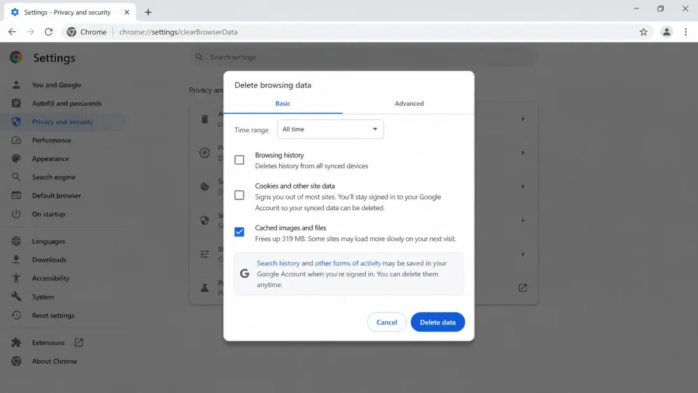 The Chrome desktop Delete browsing data dialog with the time range set to All time and the Cached images and files checkbox ticked, with the Delete data button highlighted.