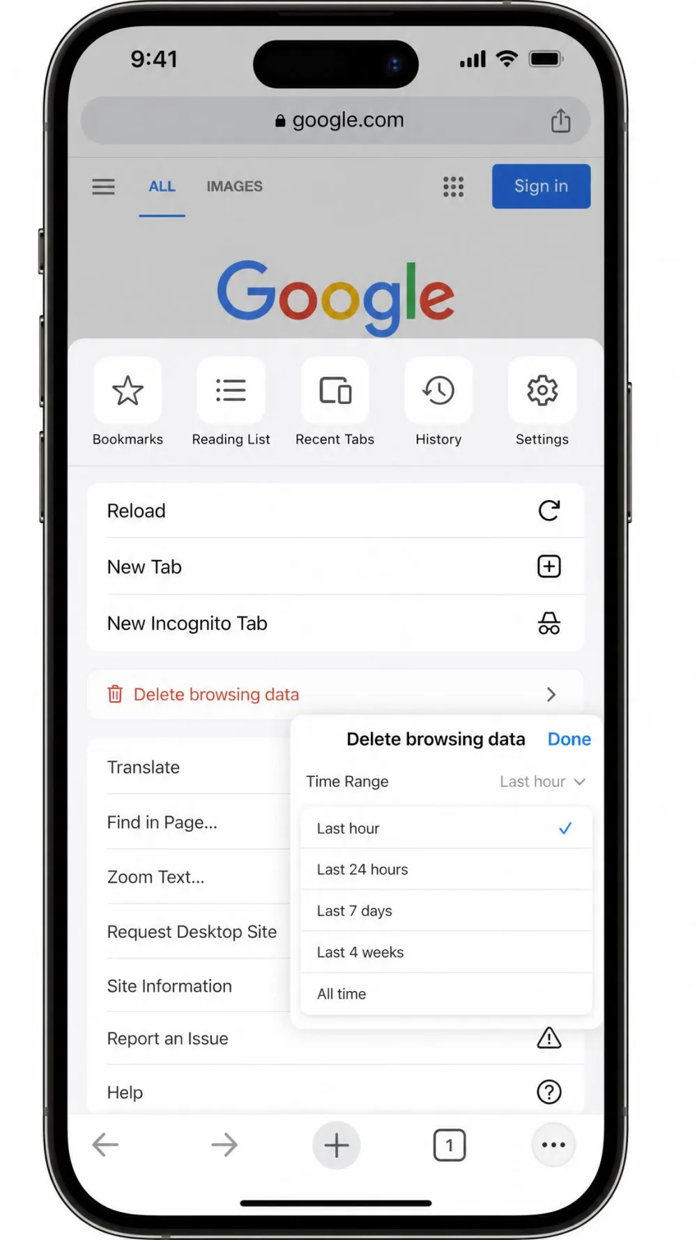 Chrome on an iPhone showing the three-dot menu open at the bottom-right and the Delete browsing data option, with the Time Range dropdown visible.