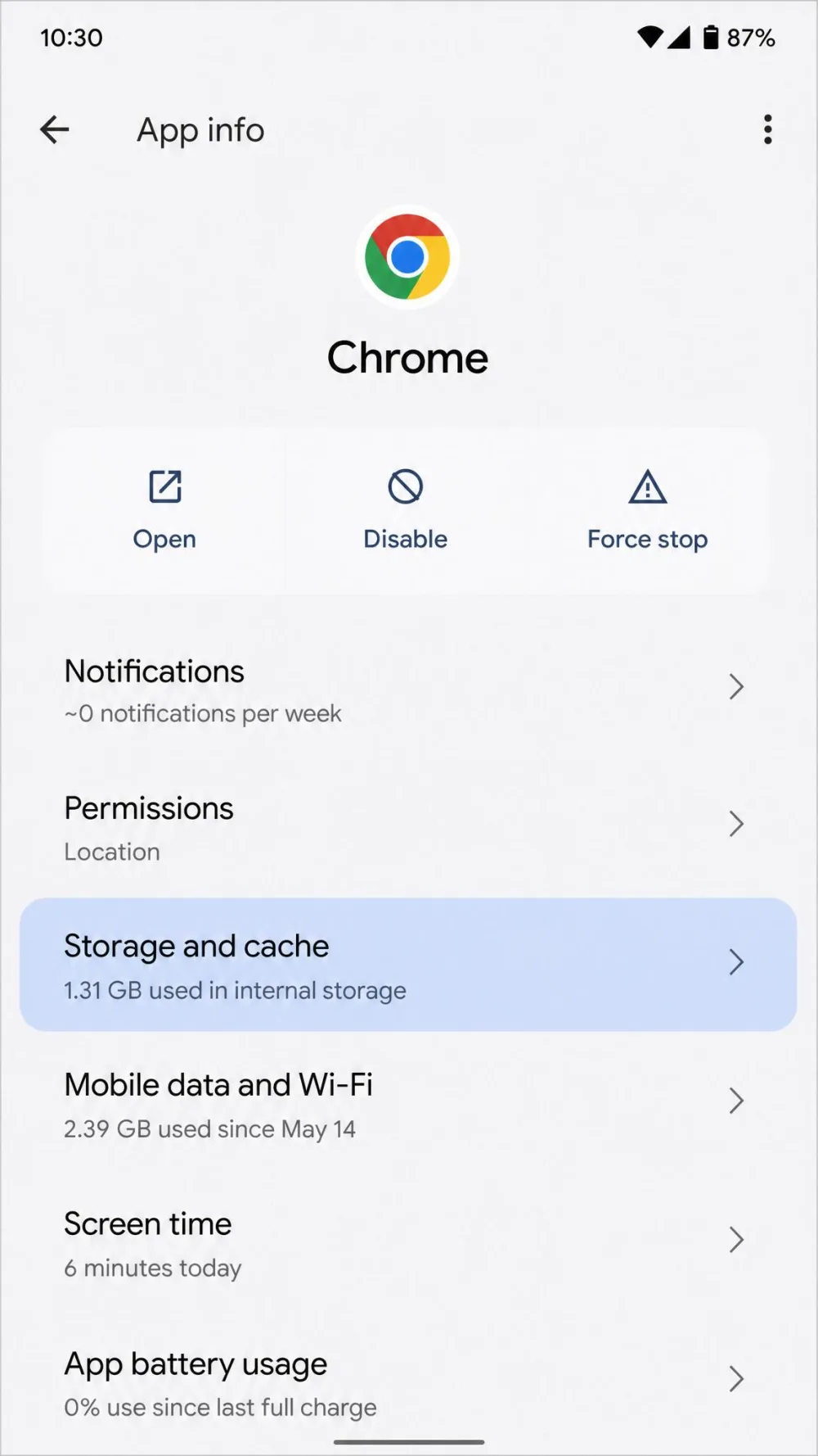 Chrome's app info screen on a Pixel, with the Storage and cache row highlighted.