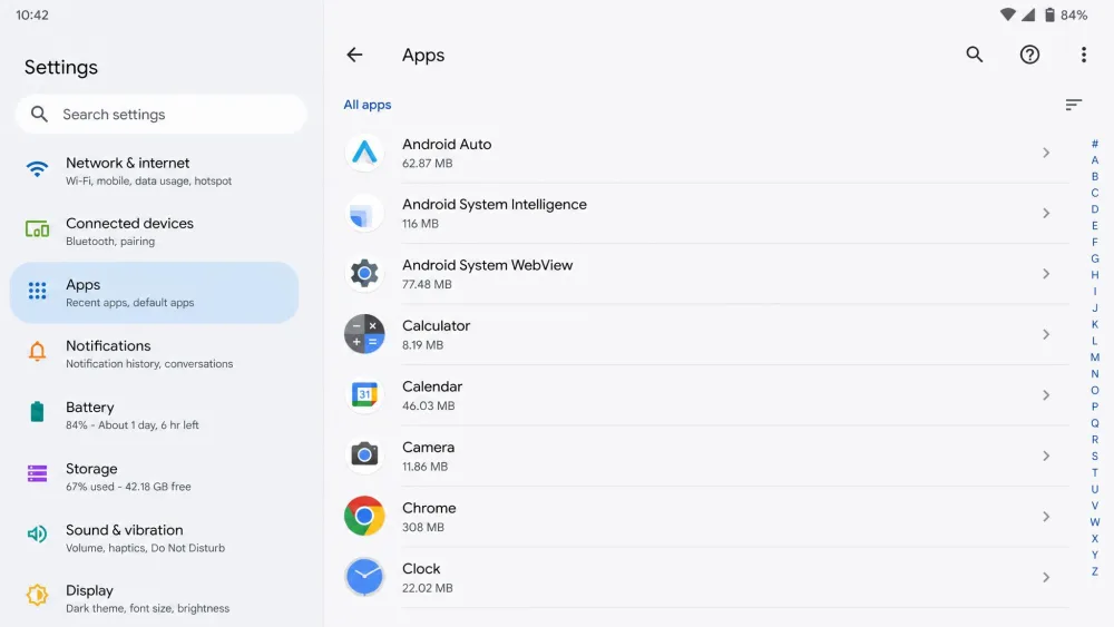 The Android Settings app on the Apps screen, showing the alphabetical list of installed apps.