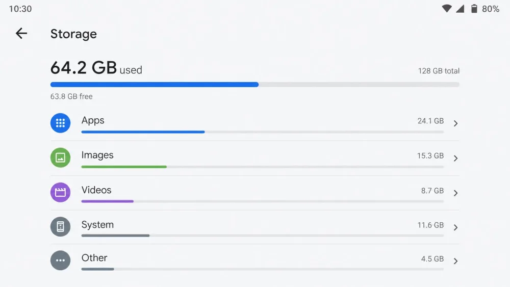 The Android Storage settings screen with space broken down by apps, images, videos and system.