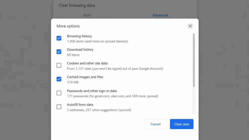 Chrome's More options panel with Cached images and files ticked and Cookies unticked.